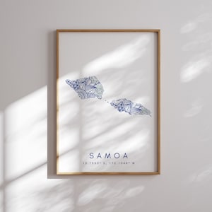 Samoa kaart print minimalistische stijl blauwe muur kunst, Samoa Art Print decor voor thuis of cadeau, Samoa verticale landschapskaart afdrukken, Samoa kaart