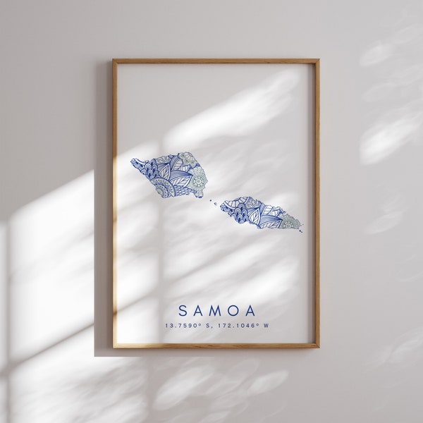 Samoa Map Print Minimal Style Blue Wall Art, Samoa Art Print Decor For Home or Gift, Samoa vertical Landscape map print, Samoa map