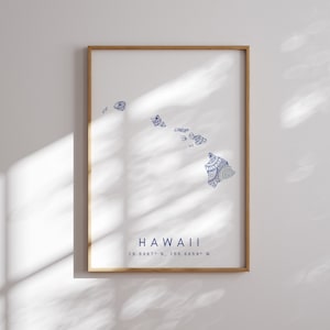 Hawaii US State Blue Minimal Style Map Print, Hawaii USA State Map Art Print Decor For Home or Gift, Hawaii State vertical Map