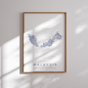 Malasia mapa imprimir estilo minimalista azul pared arte, Malasia arte impresión decoración para el hogar o regalo, Malasia vertical estilo paisaje impresión