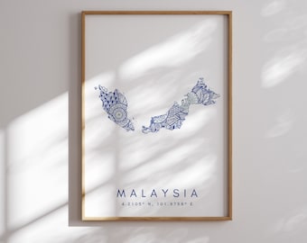 Malaysia Map Print Minimal Style Blue Wall Art, Malaysia Art Print Decor For Home or Gift, Malaysia vertical Landscape style print