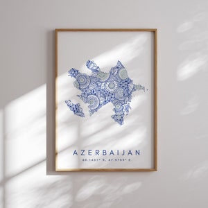 Impresión de mapas de Azerbaiyán Arte de pared azul de estilo minimalista, Decoración de impresión de arte de Azerbaiyán para el hogar o regalo, Cartel de mapa de color de Azerbaiyán, Impresión de mapa urbano