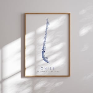 Chile mapa imprimir estilo minimalista arte de la pared azul, decoración de impresión de arte de Chile para el hogar o regalo, cartel de mapa de color de Chile, impresión de mapa de estilo urbano