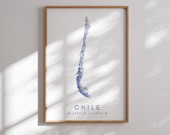Chile Map Print Minimal Style Blue Wall Art, Chile Art Print Decor For Home or Gift, Chile Color Map Poster, Urban Style Map Print