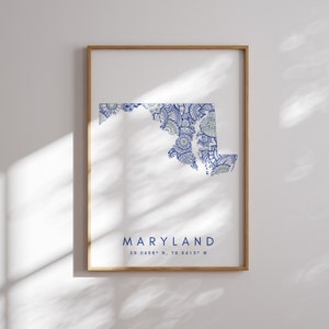 Maryland US State Blue Minimal Style Map Print, Maryland  USA State Map Art Print Decor For Home or Gift, Maryland  State vertical Map