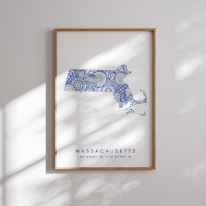 Impresión de mapa de estilo minimalista azul del estado de EE. UU. de Massachusetts, decoración de impresión de arte del mapa del estado de EE. UU. de Massachusetts para el hogar o regalo, mapa vertical del estado de Maine
