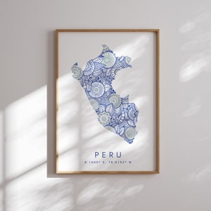 Impressão de mapa do Peru estilo mínimo arte de parede azul, impressão de arte do Peru decoração para casa ou presente, impressão de mapa de paisagem vertical do Peru, pôster de parede do Peru