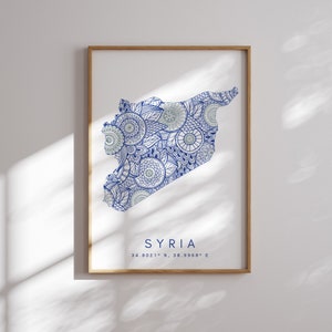 Syrië kaart print minimalistische stijl blauwe muur kunst, Syrië Art Print decor voor thuis of cadeau, Syrië Rose goud verticale reizen kleurenkaart afdrukken