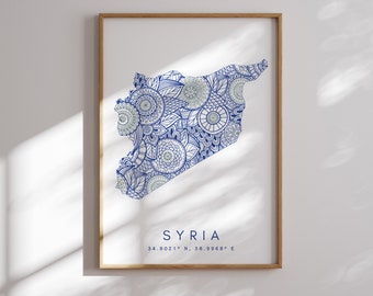 Syria Map Print Minimal Style Blue Wall Art, Syria Art Print Decor For Home or Gift, Syria Rose Gold Vertical Travel Color Map Print