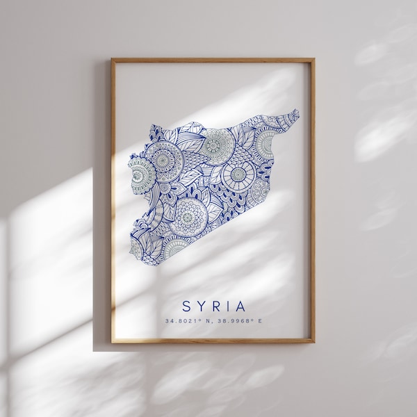 Syria Map Print Minimal Style Blue Wall Art, Syria Art Print Decor For Home or Gift, Syria Rose Gold Vertical Travel Color Map Print