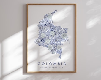 Colombia Map Print Minimal Style Blue Wall Art, Colombia Art Print Decor For Home or Gift, Colombia  Color Map Poster, Urban Style Map Print