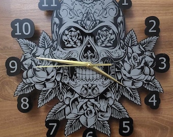 Skull With Roses Laser Engraved And Cut Wall Clock 3mm Black Cast Acrylic Lightburn & XTool Creative Space Files.