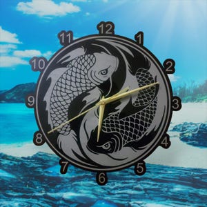 Koi Fish Yin Yang Laser Engraved And Cut Wall Clock 3mm Black Cast Acrylic Lightburn & XTool Creative Space Files.
