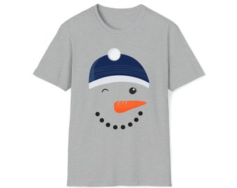 Wintertime Winter Solstice Christmas Snowman Winking Face with Cap Soft T-Shirt