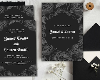Gothic Wedding Invitation Template, Printable Black & Grey Invitation Template, Alternative Save the Date, Rose Wedding, Editable | Morticia
