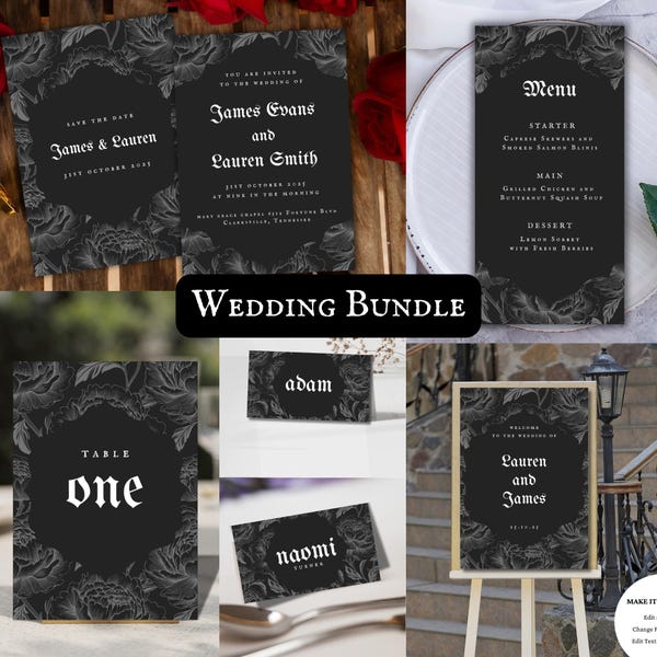 Gothic Wedding Bundle, Gothic Wedding Invitation Template, Alternative Save the Date, Welcome sign, Gothic Menu, Table Numbers  | Morticia