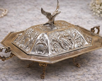 Montejo Sterling Silver Rococo Revival Bonbonnière with Eagle Finial, Spain, Circa 1950