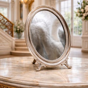 Specchio da tavolo in argento sterling 925 Pedro Durán "Josefina", 33 cm — Cornice neoclassica in rilievo, argento Madrid punzonato
