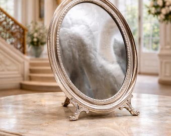 Specchio da tavolo in argento sterling 925 Pedro Durán "Josefina", 33 cm — Cornice neoclassica in rilievo, argento Madrid punzonato