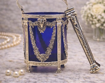 Pedro Durán Pompeya Cobalt Blue Ice Bucket with Sterling Silver 925  Matching Tongs, Neoclassical Rams Heads  Acanthus, Limited Edition