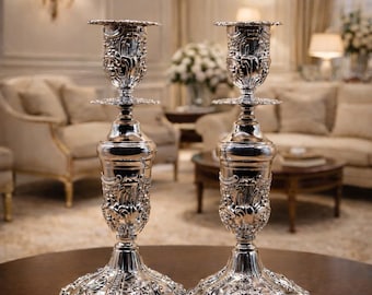 Pair of Pedro Durán Sterling Silver 925 Candlesticks, Baroque Rococo Roses, Spanish Luxury, Vintage Mid-20th Century, 27 cm