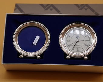 Sterling Silver 925 Travel Desk Set, Mini Photo Frame & Clock, European Luxury Gift, Classic Beaded Design, Circa 1990