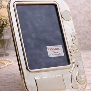 Vinard Sterling Silver Baby Frame 925, 18×13 cm — Stork & Church Motifs, Engravable Plaque, Spanish Baptism Gift