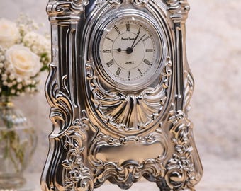Pedro Durán Sterling Silver Mantel Clock 925, 29 cm — Imperial Rocaille Floral Design with Veined Marble Base, Hallmarked Spanish Silver