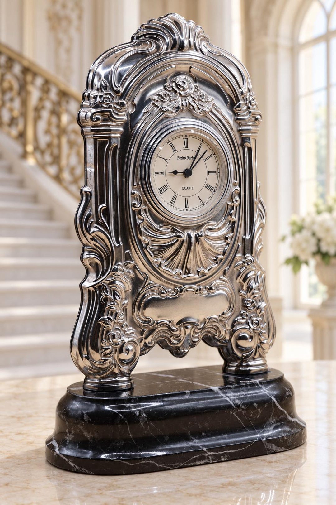 Pedro Duran Sterling Silver Mantel Clock, Imperial Rocaille