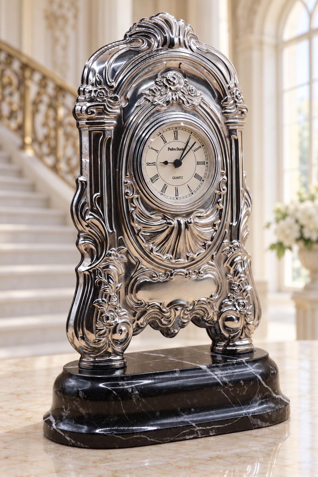 Pedro Duran Sterling Silver Mantel Clock, Imperial Rocaille