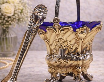 Pedro Durán Imperial Sterling Silver Ice Bucket with Tongs · Rococo Floral Design · Cobalt Blue Glass · Luxury Tableware