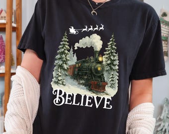Polar Express Believe T-Shirt, All Aboard Christmas Train Tee, Xmas Graphic Top
