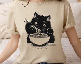 Cat Eating Ramen Shirt, Funny Cat Eating Noodle Shirt, Cute Cat Lover Shirt, Cozy Graphic Shirt for Cat Moms & Dads