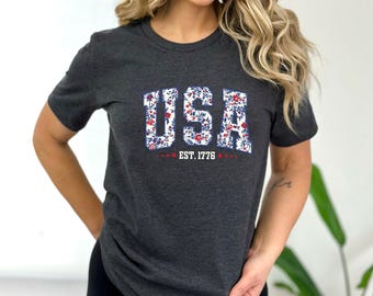 Floral USA Est 1776 T-shirt, 4th of July T-shirt,Vintage USA T-shirt, Summer Patriotic T-shirt for Women, America T-shirt,Red White Blue Tee