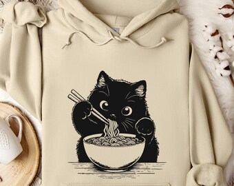 Cat Eating Ramen Hoodie, Funny Cat Eating Noodle Hoodie, Cute Cat Lover Hoodie, Cozy Graphic Pullover for Cat Moms & Dads
