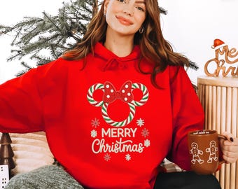 Minnie Christmas Hoodie; No Embroidered, Minnie Mouse Xmas Outfit, Disney Holiday Clothes, Candy Cane Christmas Outfit