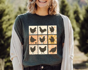 Retro Chickens T=shirt, Retro Farmhouse Floral Backyard Chicken T-shirt,Cottagecore Aesthetic Clothing, Chicken Gift for Her,Cute Womans Tee