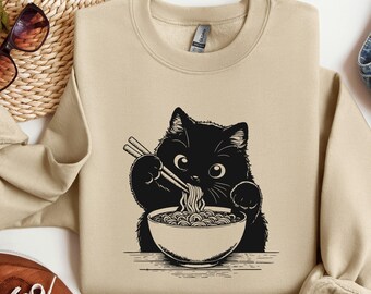 Cat Eating Ramen Sweatshirt,  Funny Cat Eating Noodle  Sweatshirt , Cute Cat Lover Sweatshirt, Cozy Graphic Pullover for Cat Moms & Dads