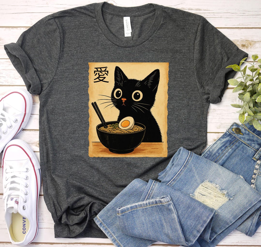 Funny Cat Ramen Graphic T-shirt, Japanese Kawaii Anime Cat T-shirt ...