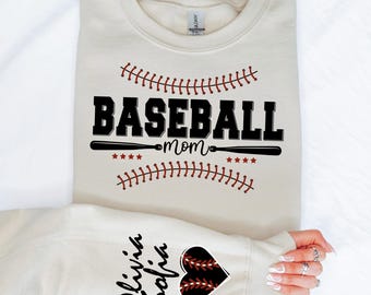 Customized Baseball Mom Sweatshirt,Baseball Mama Sweatshirt,Kids Name on Sleeve Sweatshirt,Custom Baseball Mom Gifts,Baseball Mom Sweatshirt