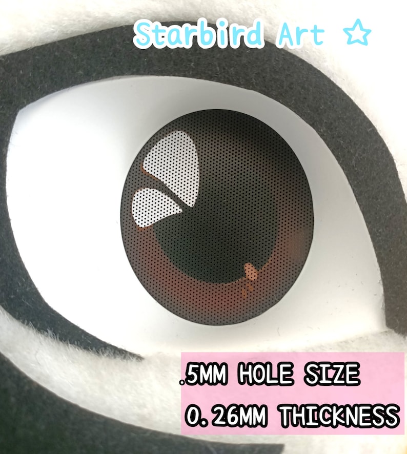 May include: Close-up of a brown eye with a white, perforated design. The eye is set against a white and black background. Text on a pink rectangle reads ".5MM HOLE SIZE" and "0.26MM THICKNESS". The text "Starbird Art" is in the upper right corner.