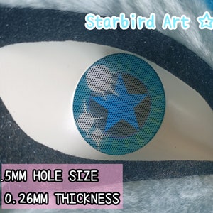 May include: A close-up of a blue and white contact lens with a star design. The lens has a 0.5mm hole size and a 0.26mm thickness. The text "Starbird Art" is visible in the upper right corner.