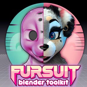 May include: A circular graphic featuring a split-face design. The left side shows a pink 3D wireframe model of an animal head, while the right side displays a finished, furry animal mask. Below, the text reads FURSUIT blender toolkit.