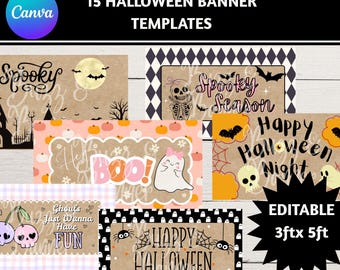 Puede incluir: Una colección de plantillas de banners de Halloween con varios diseños. Los banners presentan temas espeluznantes con fantasmas, murciélagos, calaveras y las frases "Spooky Season", "Happy Halloween Night" y "Ghouls Just Wanna Have Fun". Las plantillas son editables y miden 91 cm x 152 cm.