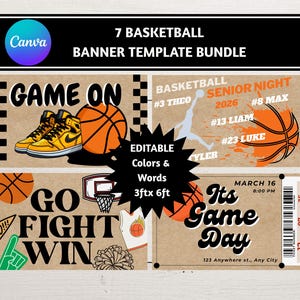 May include: A basketball banner template bundle featuring basketballs, trainers, and the phrases "Game On", "Go Fight Win", and "Its Game Day". The text "7 Basketball Banner Template Bundle" is also included. The banners are editable.