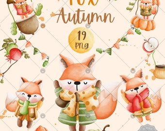 Watercolor Autumn Fox PNG Clipart Bundle, Fall Fox PNG Clipart, woodland animal clipart, Cute Fox clipart, Cute characters Fox Sublimation