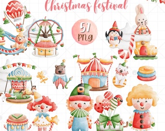Watercolor Christmas Festival, Circus Carnival, Christmas Theme, attraction park, Kids Art, Nursery art, Clown, Ferris wheel, PNG, Clipart