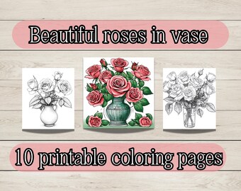 10 hermosas rosas en un jarrón para colorear, páginas imprimibles, archivo PDF, descarga instantánea, página para colorear de flores, escala de grises, páginas para colorear para adultos y niños