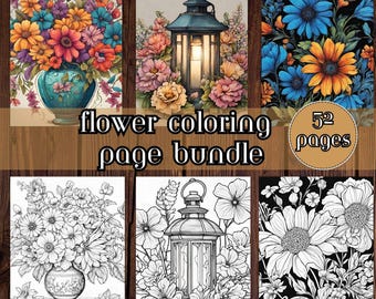 52 páginas para colorear de flores, artículo incluido, descarga instantánea, flores encantadas, linternas florecientes, floreros, páginas para colorear imprimibles, PDF