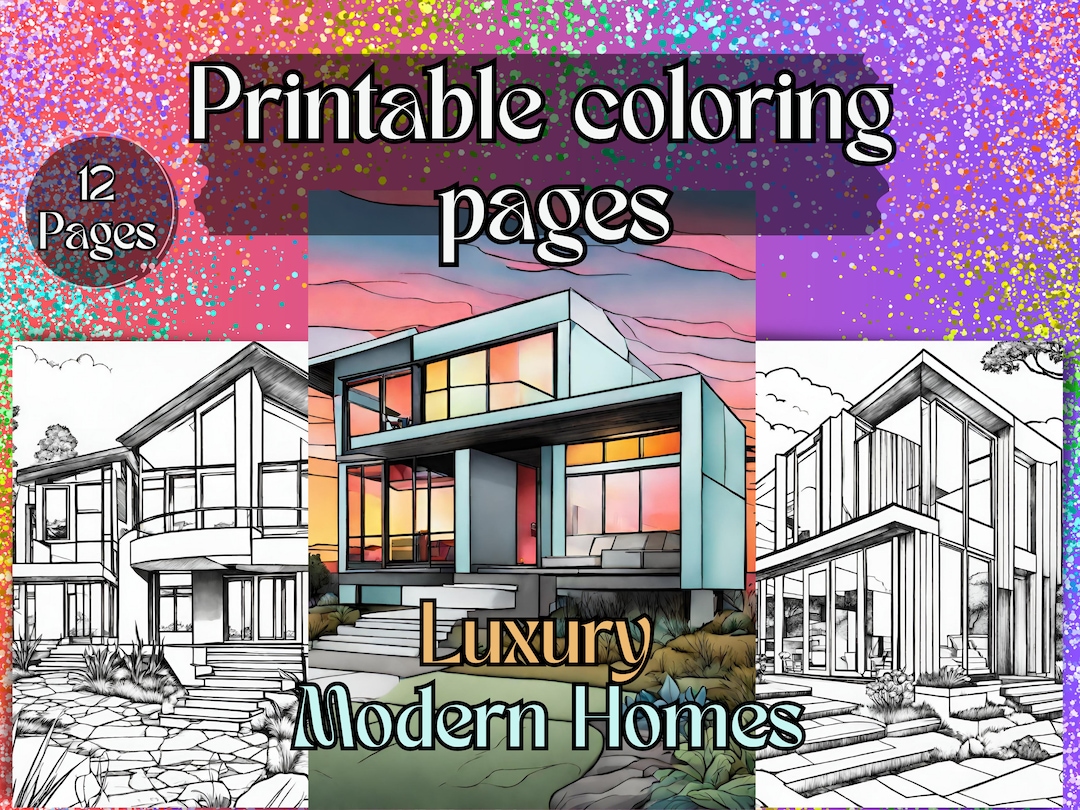 Luxury Modern Home Coloring Pages, Exquisite Estates, Instant Download ...